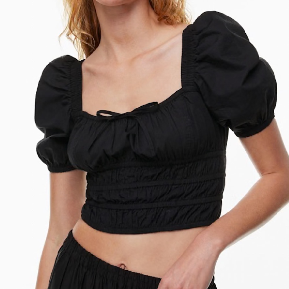 Aritzia Sunday Best Martine Black Puff-Sleeve Cotton Crop Top EUC